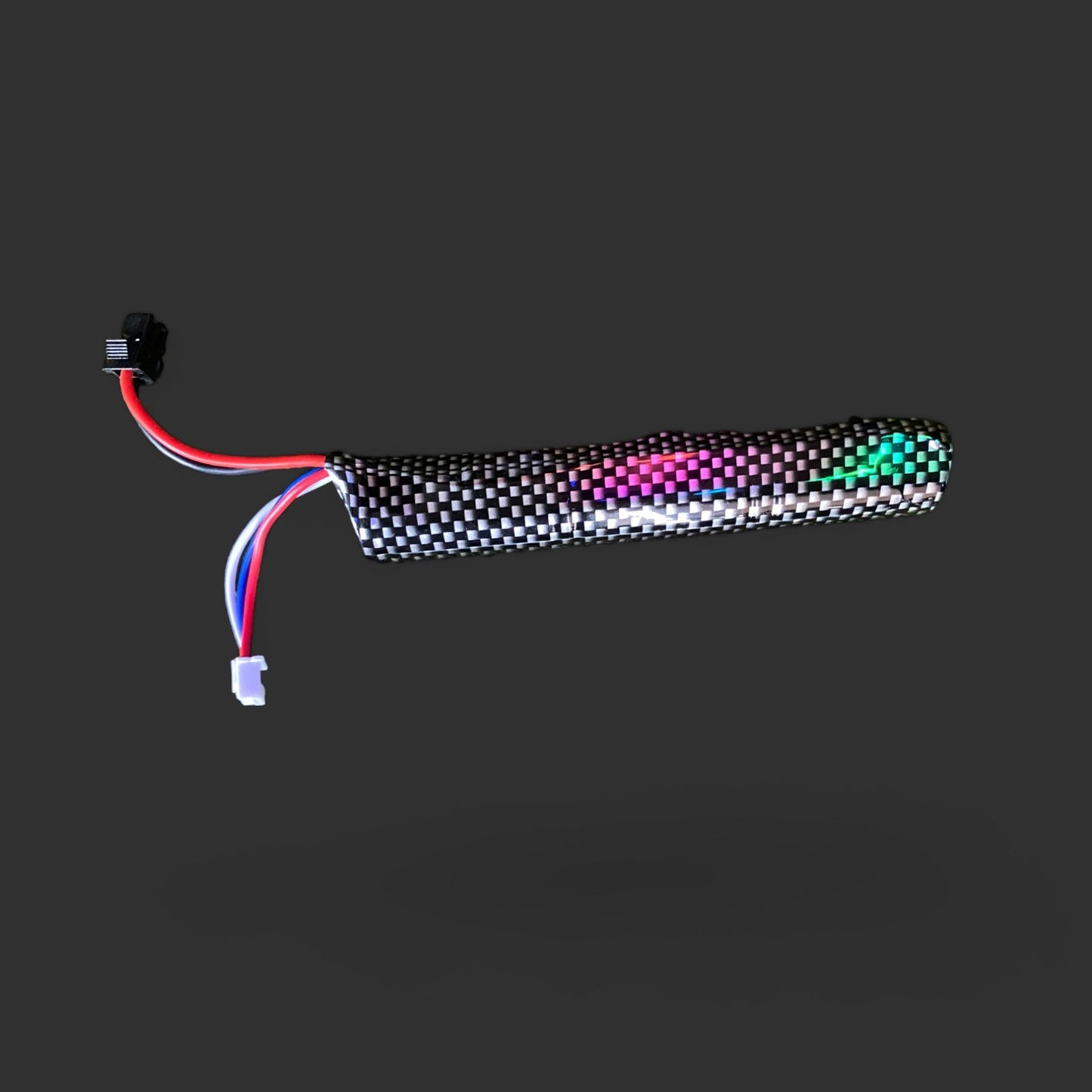 LED strip in a carbon fiber tube with multicolored lights and attached wiring, powered by a BlasterMaster 11.1V 18350 2000mAh SM2 30C long skin battery, isolated on a gray background.