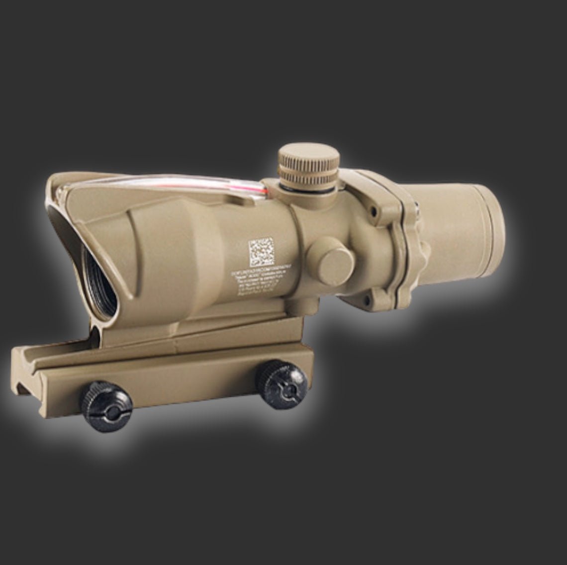 BlasterMasters ACOG Conch+DOC Metal Scope with a targeting reticle and adjustment knobs, mounted on a metal scope rail attachment base, set against a dark background.
