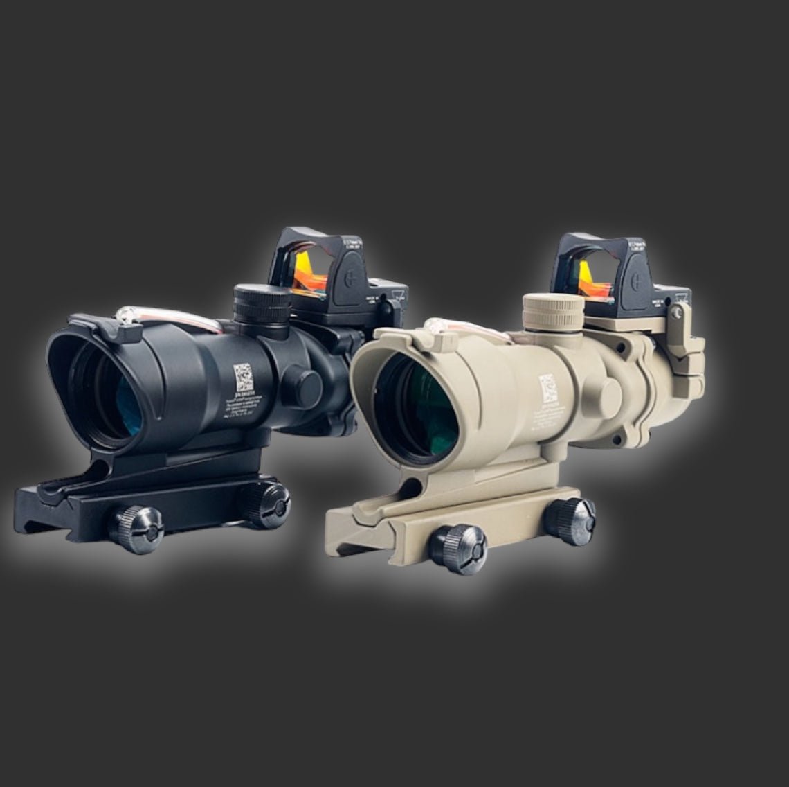 Two rifle scopes with mounted reflex sights: one in black, the other in tan, displayed against a dark background. The BlasterMasters ACOG Conch+DOC Metal Scope models boast precision engineering with metal scopes and compatibility with 20mm rails for reliable performance.