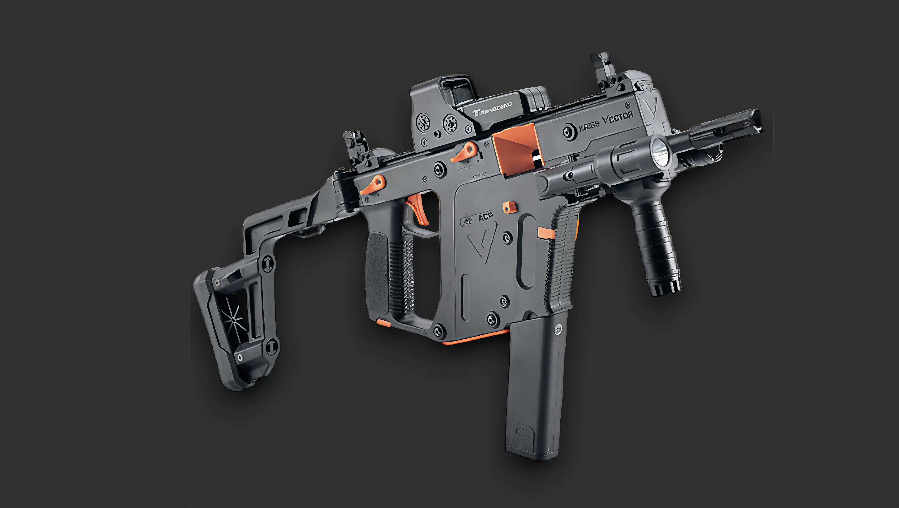<img src="kriss-vector-gel-blaster-black-orange-accents.jpg" alt="Kriss Vector gel blaster in black with orange accents, a stylish and tactical option for gel blaster enthusiasts">