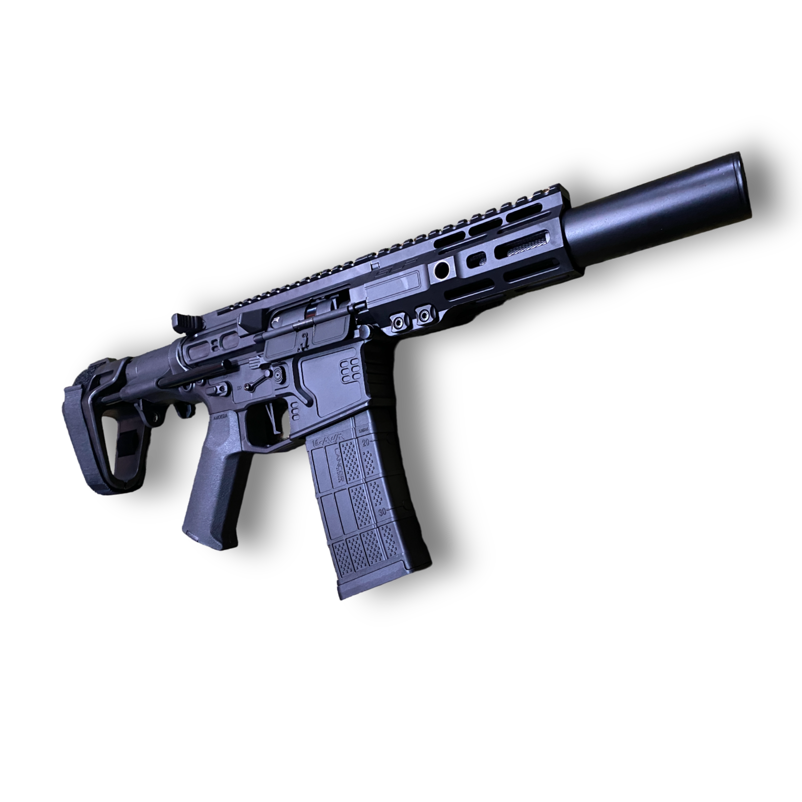 A modern Bohan SLR Gen 4 Gel Blaster with a silencer and a tactical rail system, isolated on a black background.